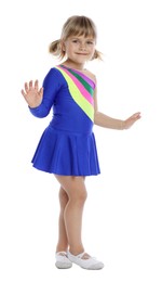 Photo of Cute little girl dancing on white background
