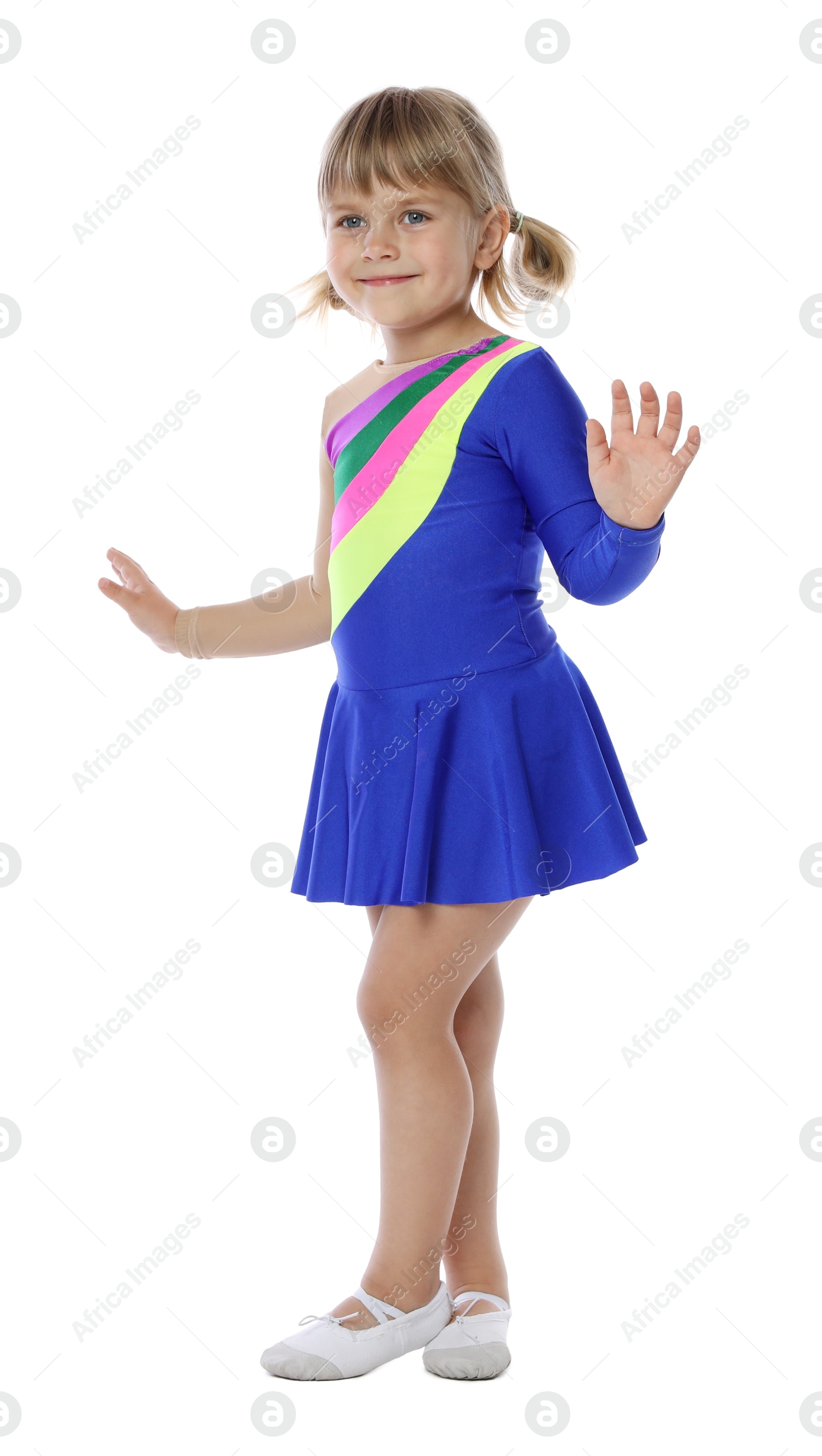Photo of Cute little girl dancing on white background