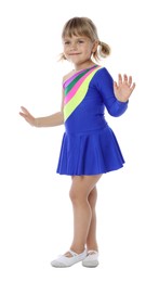 Photo of Cute little girl dancing on white background