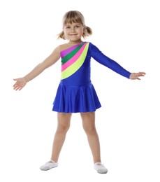 Photo of Cute little girl dancing on white background