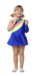 Photo of Cute little girl dancing on white background