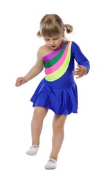 Photo of Cute little girl dancing on white background
