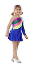 Photo of Cute little girl dancing on white background