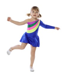 Photo of Cute little girl dancing on white background