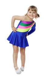 Photo of Cute little girl dancing on white background