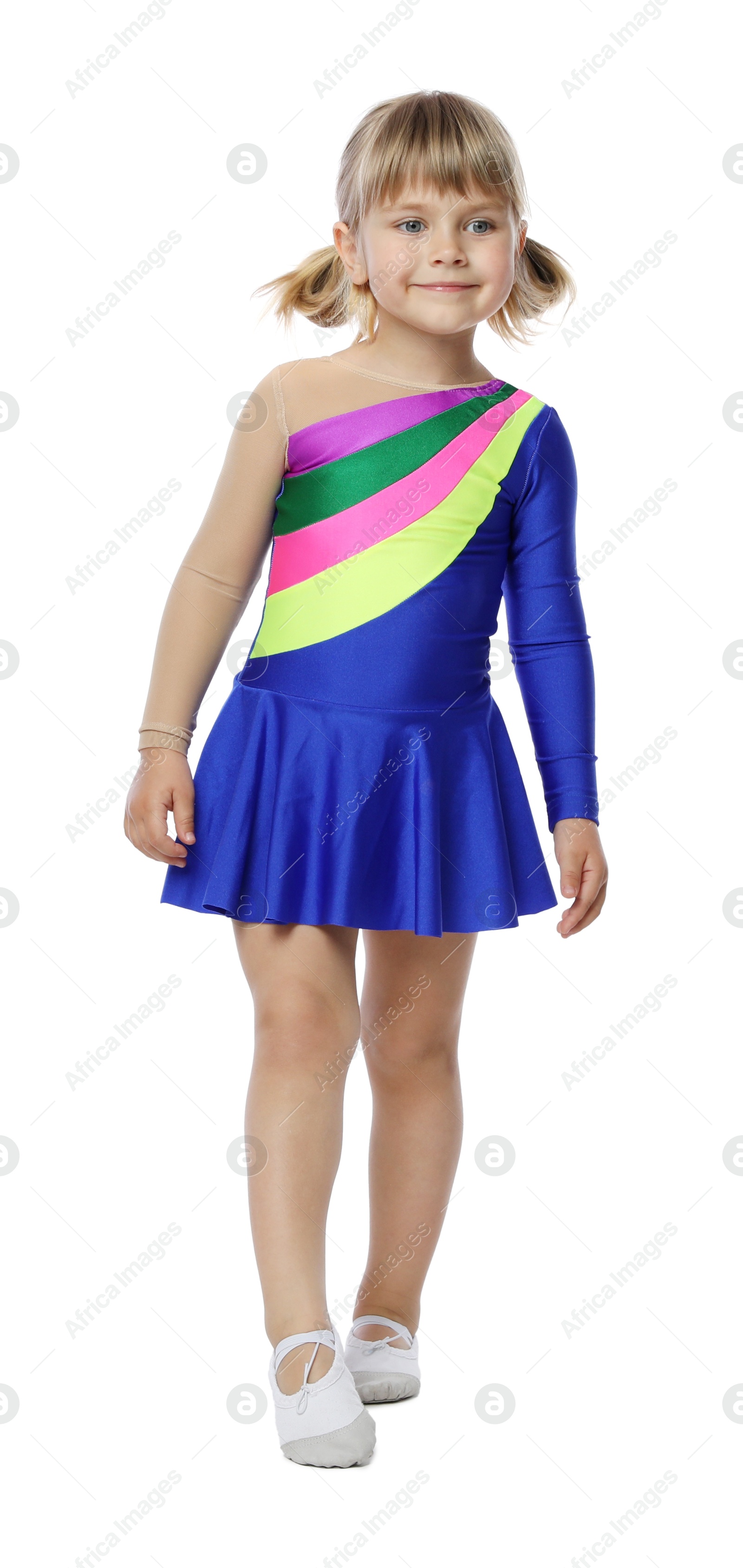 Cute little girl dancing on white background Photo of Cute little girl dancing on white background