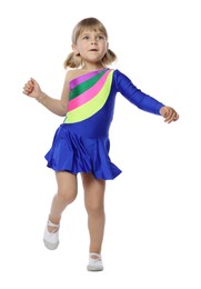 Photo of Cute little girl dancing on white background