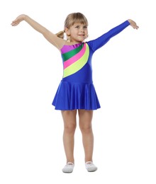 Photo of Cute little girl dancing on white background