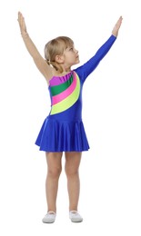 Photo of Cute little girl dancing on white background