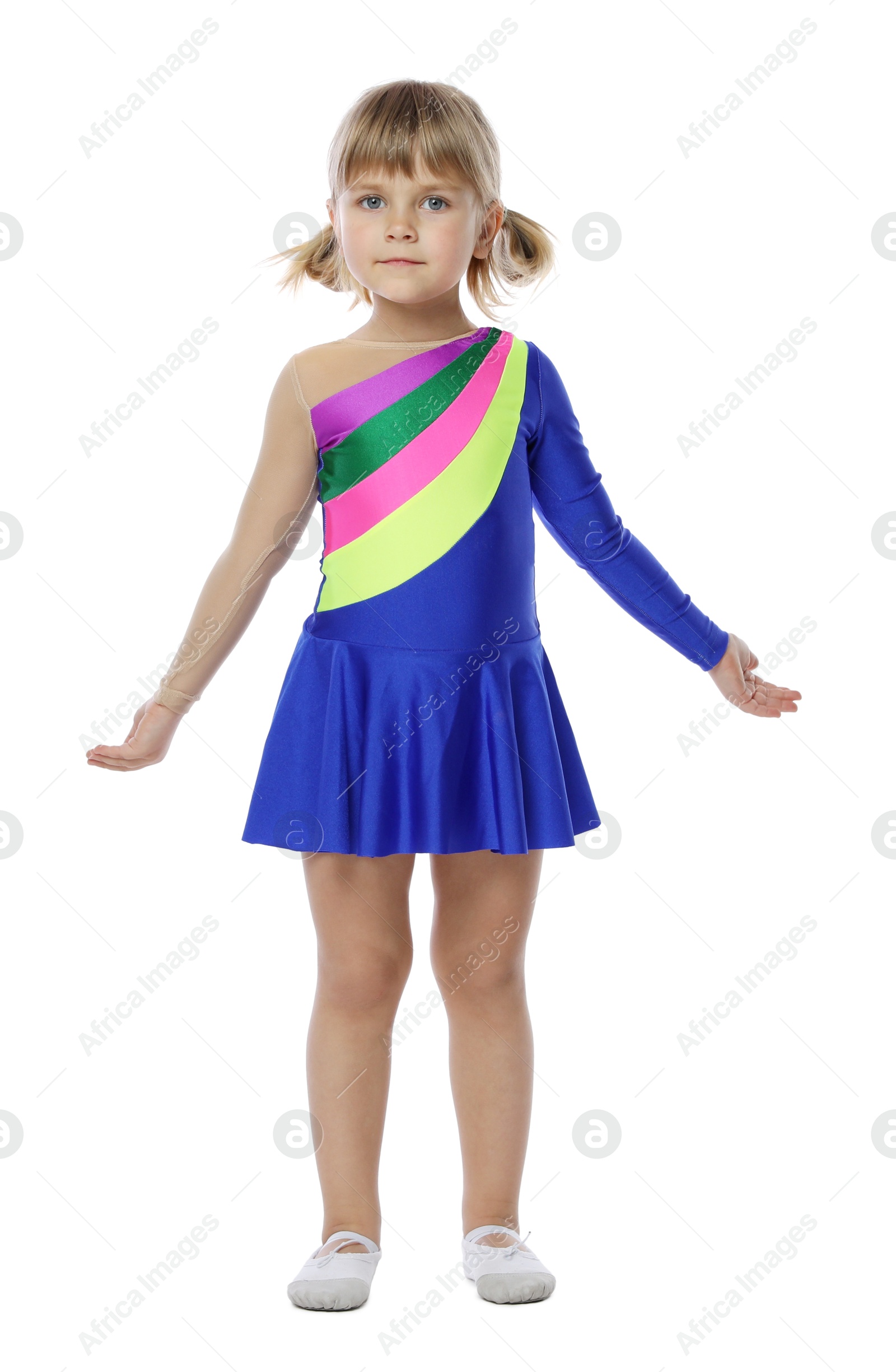 Cute little girl dancing on white background Photo of Cute little girl dancing on white background