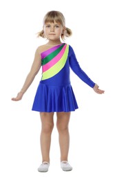 Photo of Cute little girl dancing on white background