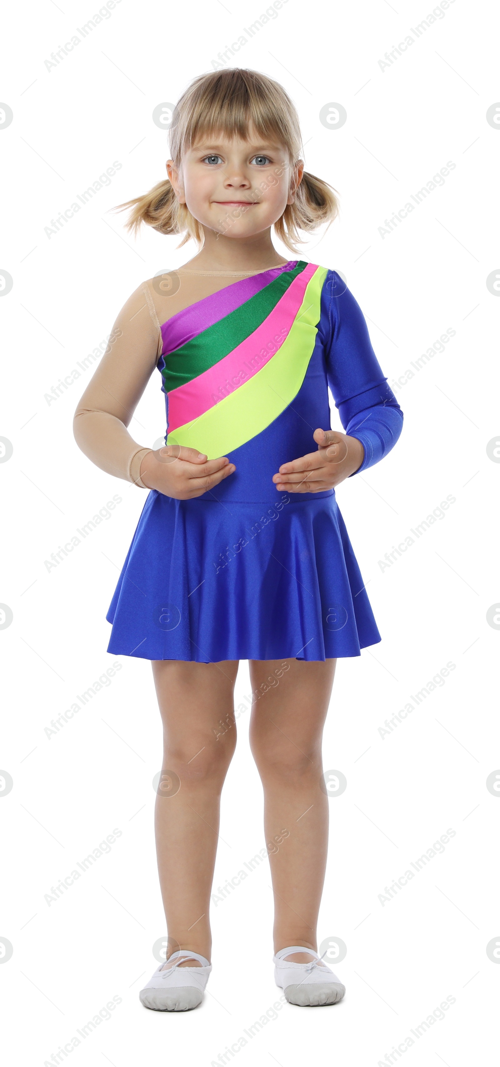 Cute little girl dancing on white background Photo of Cute little girl dancing on white background