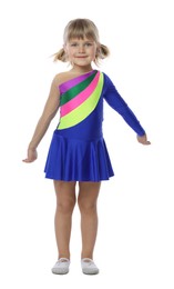 Photo of Cute little girl dancing on white background