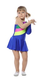 Photo of Cute little girl dancing on white background