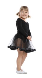 Photo of Cute little girl dancing on white background