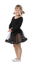 Photo of Cute little girl dancing on white background