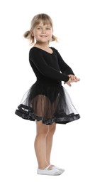 Photo of Cute little girl dancing on white background