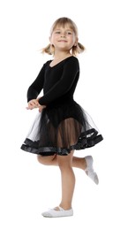 Photo of Cute little girl dancing on white background