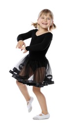 Photo of Cute little girl dancing on white background