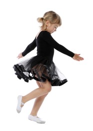 Photo of Cute little girl dancing on white background