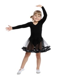 Photo of Cute little girl dancing on white background