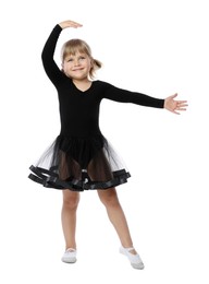 Photo of Cute little girl dancing on white background