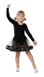 Photo of Cute little girl dancing on white background