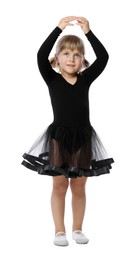 Photo of Cute little girl dancing on white background