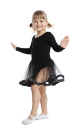Photo of Cute little girl dancing on white background