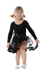 Photo of Cute little girl dancing on white background