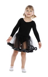 Photo of Cute little girl dancing on white background