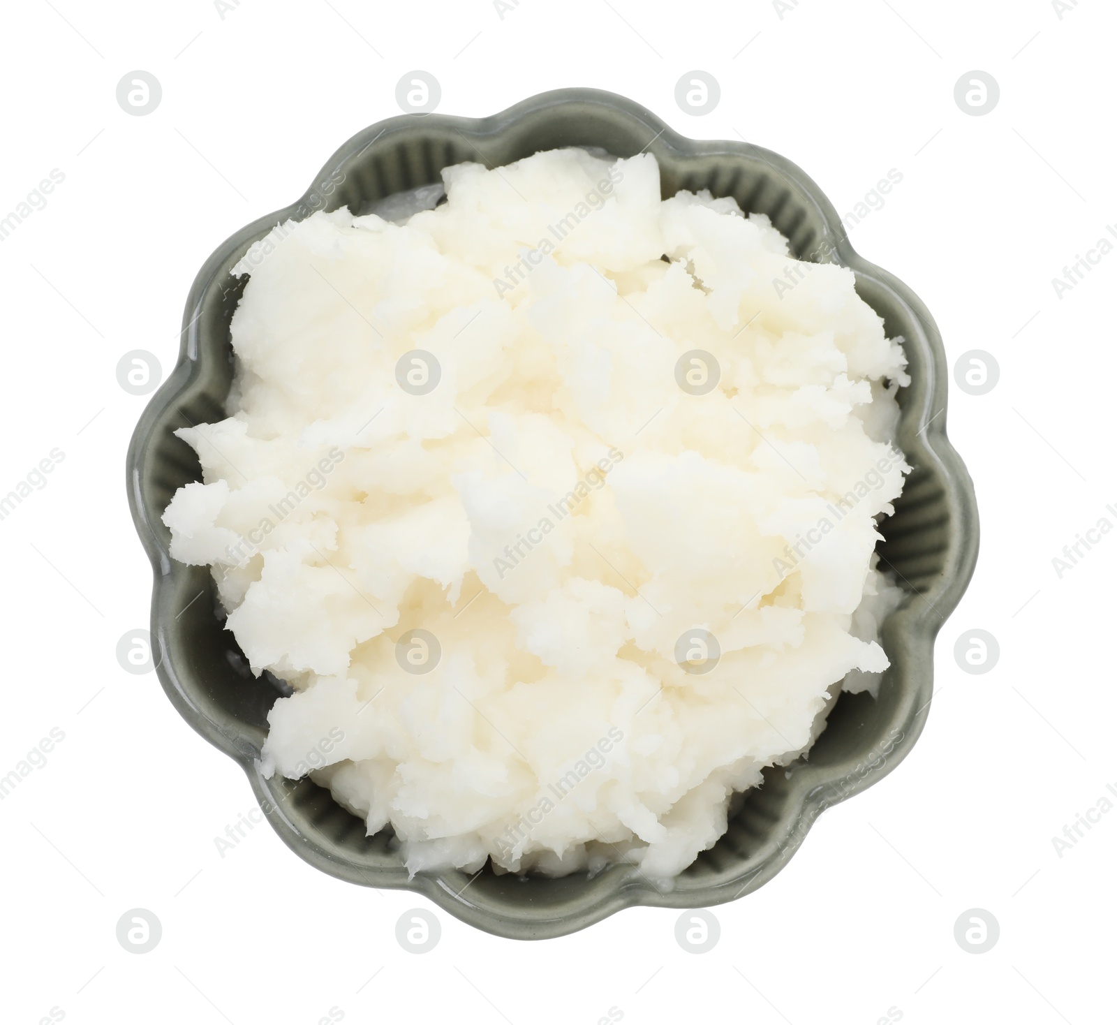 Photo of Shea butter in bowl isolated on white, top view