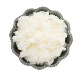 Photo of Shea butter in bowl isolated on white, top view