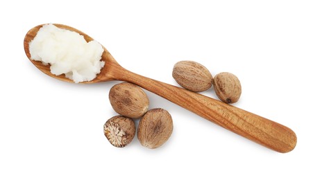 Photo of Shea butter in spoon and nuts isolated on white, top view