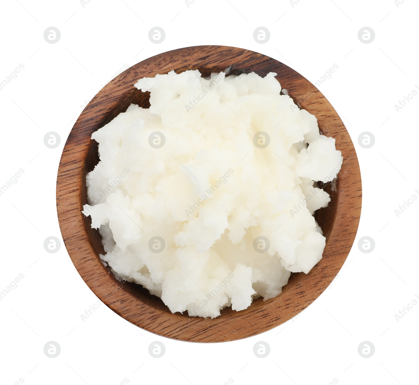 Shea butter in bowl isolated on white, top view Photo of Shea butter in bowl isolated on white, top view