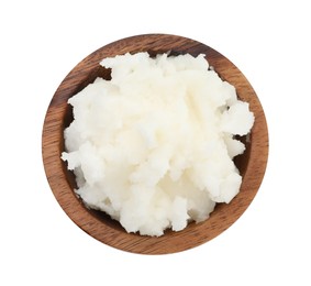Photo of Shea butter in bowl isolated on white, top view