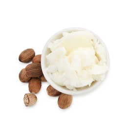 Photo of Shea butter in bowl and nuts isolated on white, top view