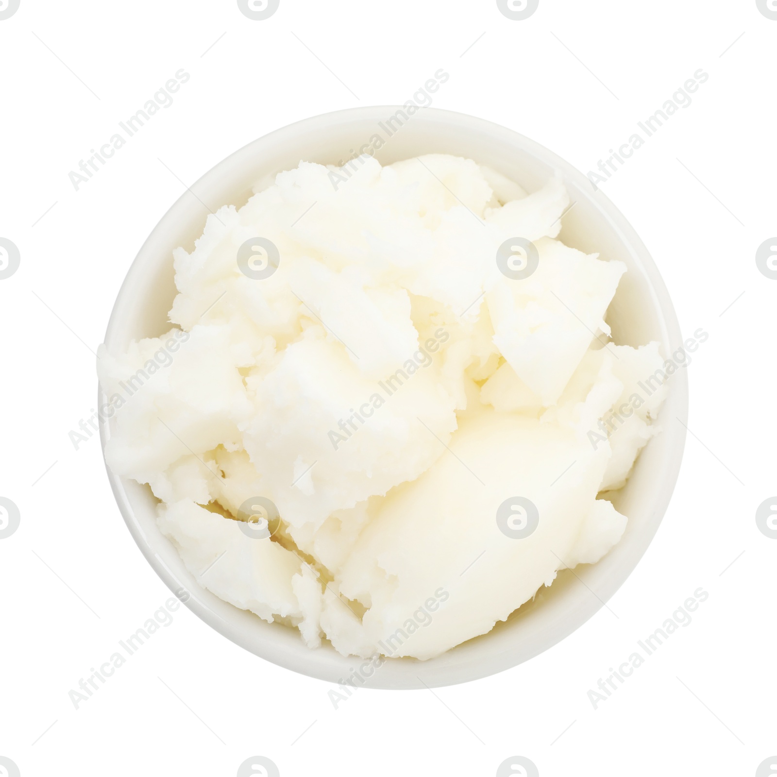 Photo of Shea butter in bowl isolated on white, top view
