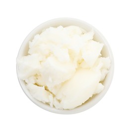 Photo of Shea butter in bowl isolated on white, top view