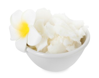 Photo of Shea butter in bowl and flower isolated on white
