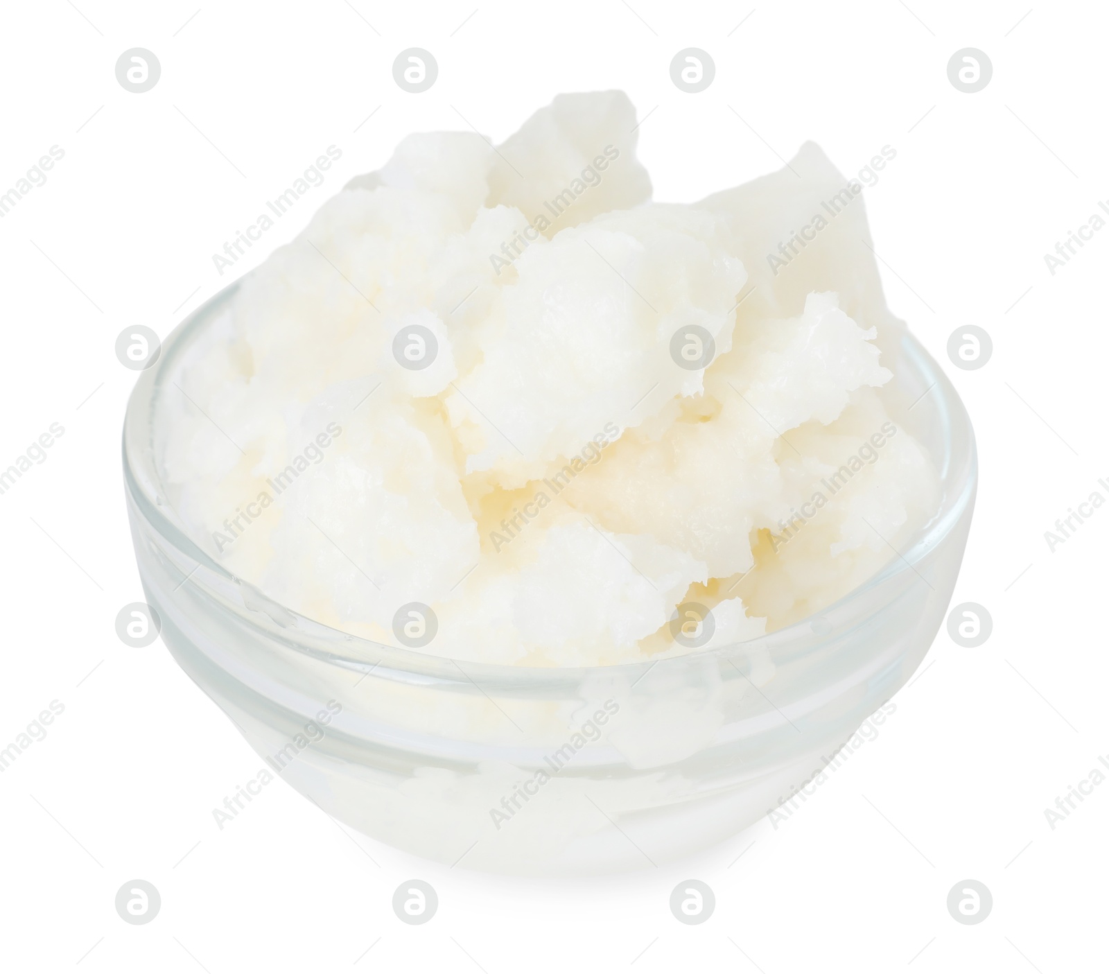 Shea butter in bowl isolated on white Photo of Shea butter in bowl isolated on white