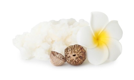 Photo of Pile of shea butter, flower and nuts isolated on white