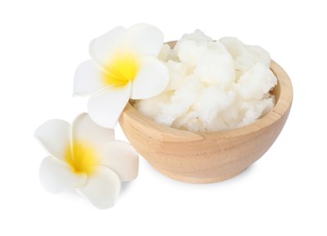 Photo of Shea butter in bowl and flowers isolated on white