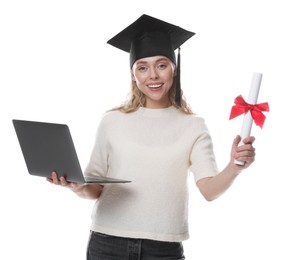 Photo of Happy student with diploma and laptop after graduation on white background