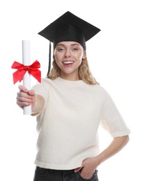Photo of Happy student with diploma after graduation on white background