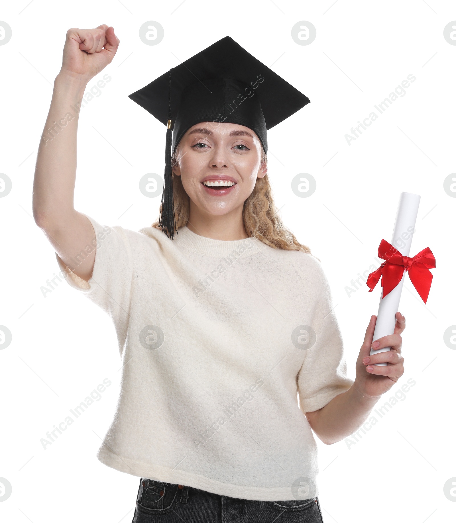 Photo of Happy student with diploma after graduation on white background