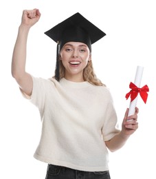 Photo of Happy student with diploma after graduation on white background