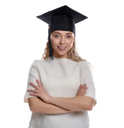 Photo of Happy student with crossed arms after graduation on white background