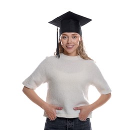 Photo of Happy student after graduation on white background
