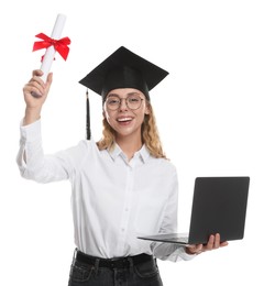Photo of Happy student with diploma and laptop after graduation on white background